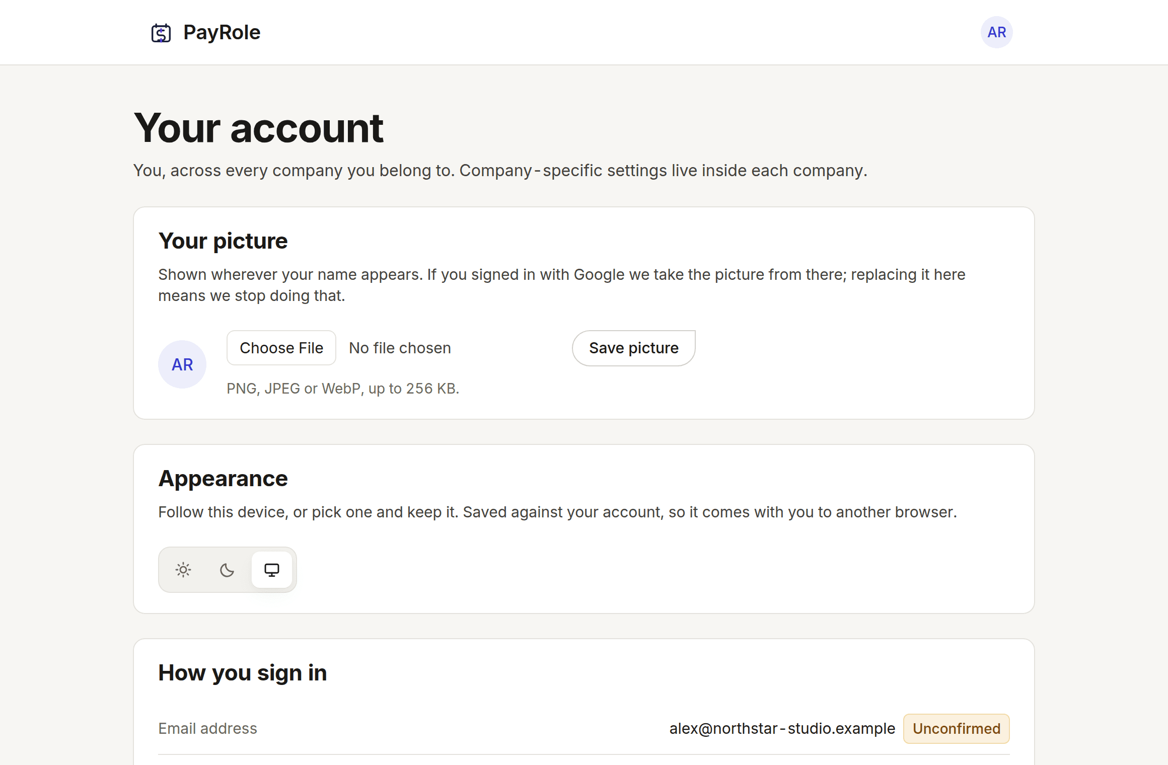 The account page showing the picture, theme control, sign-in methods and a data download.