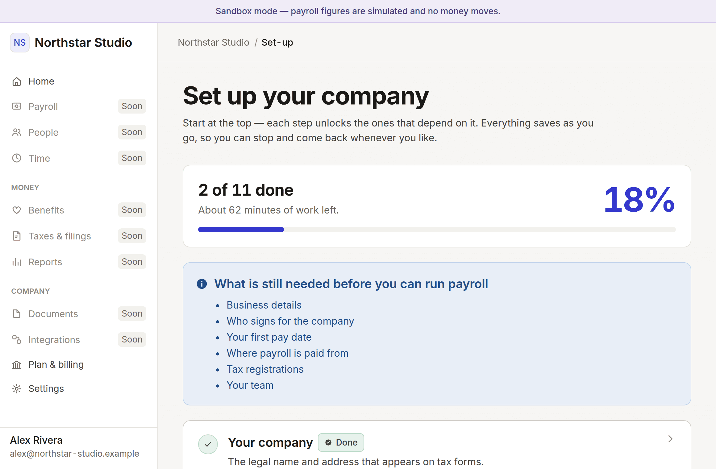 The set-up checklist for a company called Northstar Studio, showing progress and the time left.