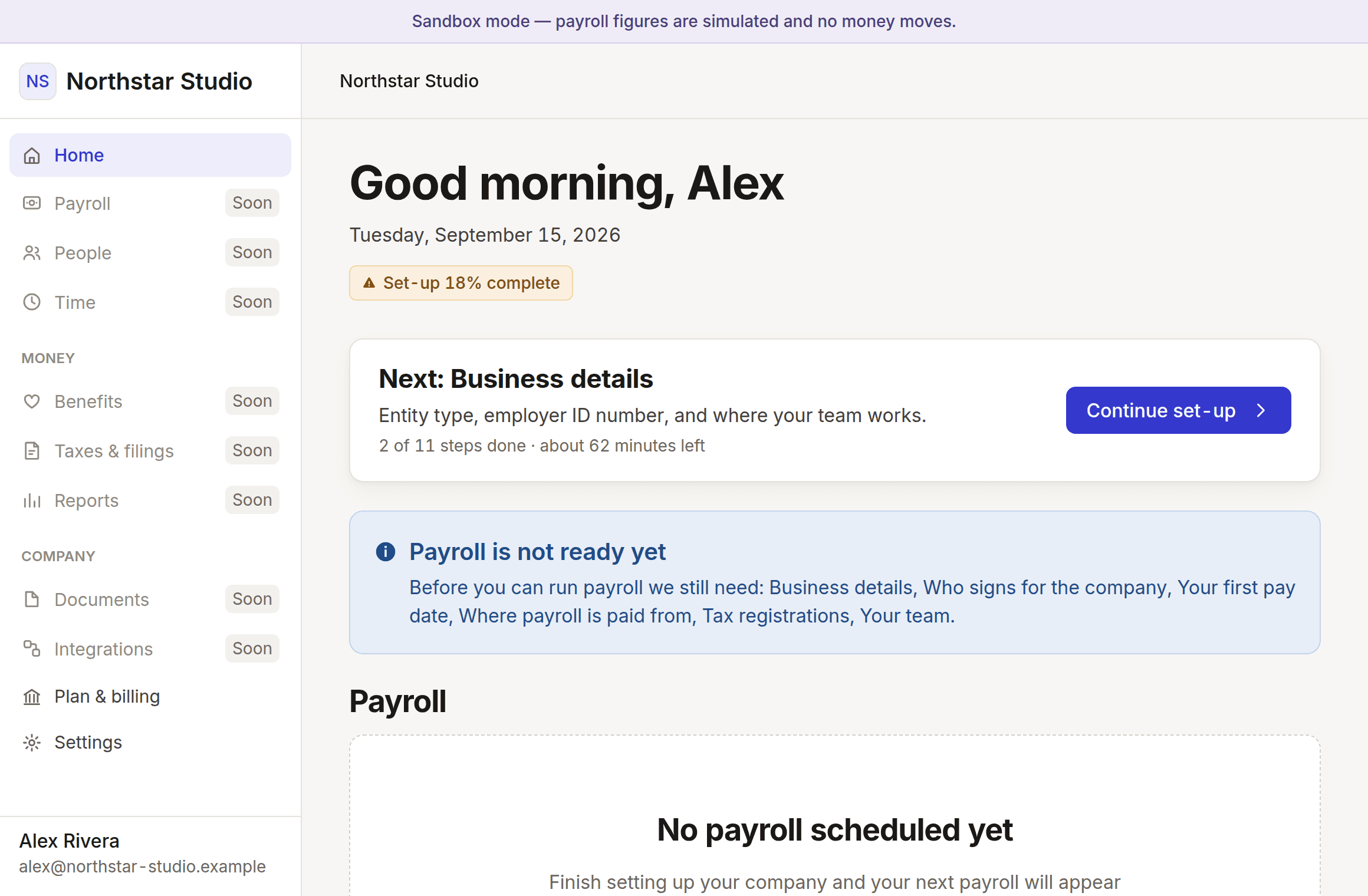 The company home screen, showing set-up progress and the next step.