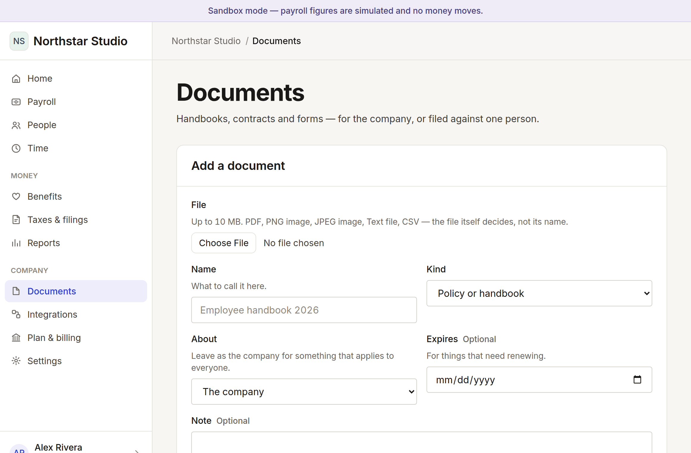 The documents page, with files filed against the company and against one person.