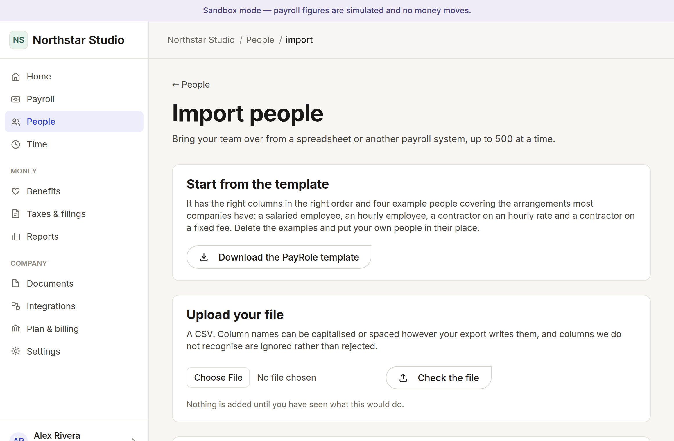 The import page, offering a template download above a file upload.