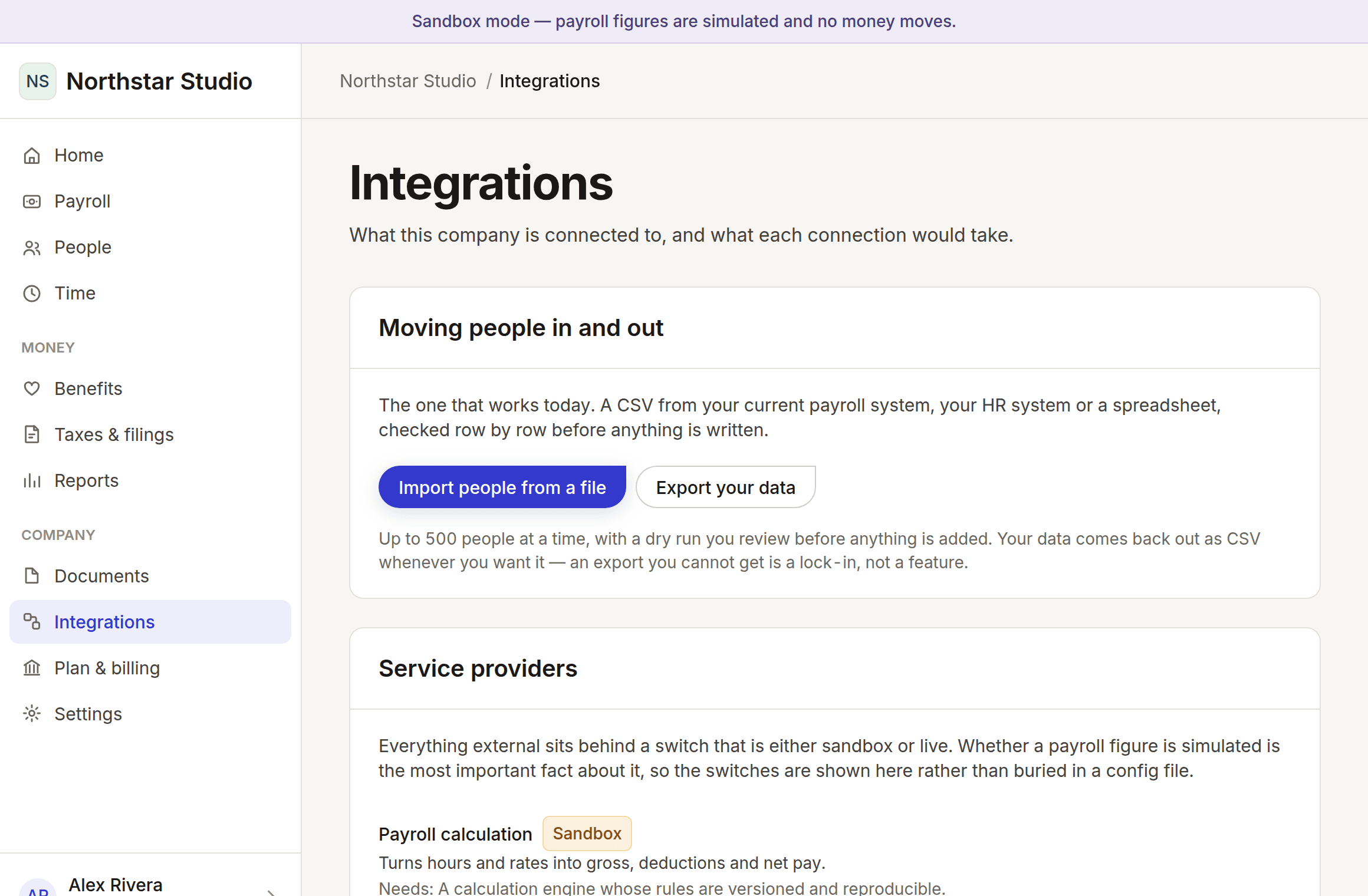 The integrations page listing each provider with whether it is connected or in sandbox.