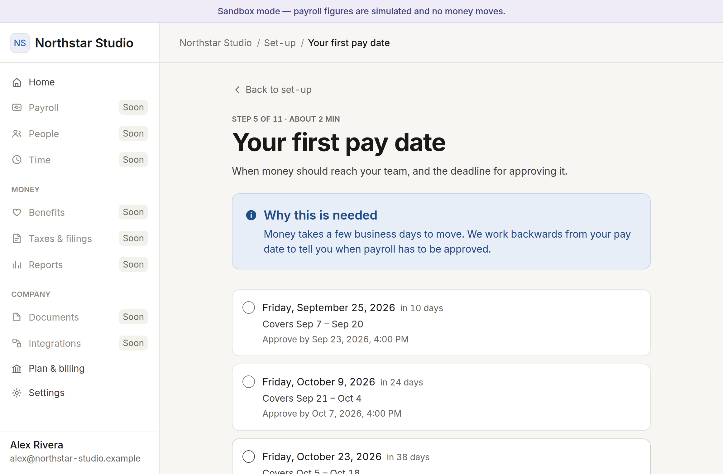 Choosing a first pay date, each option showing the period it covers and the approval deadline.