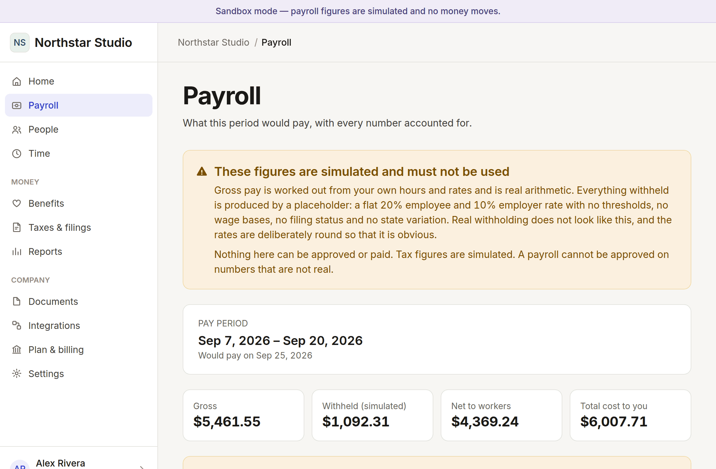 A pay run preview showing gross, withheld, net and total cost, above a warning that the figures are simulated.