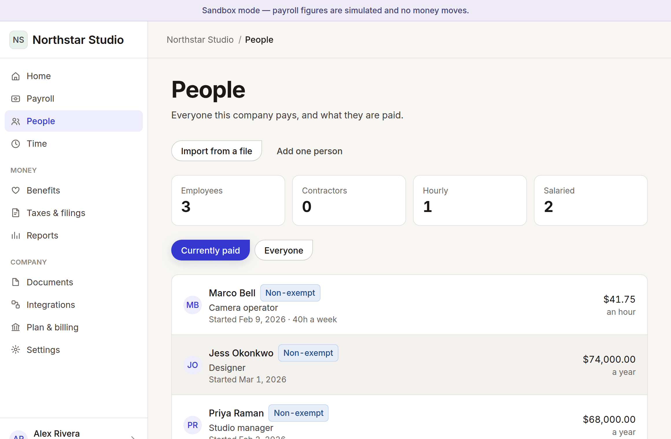 The roster, showing each person with their classification badge and pay rate.