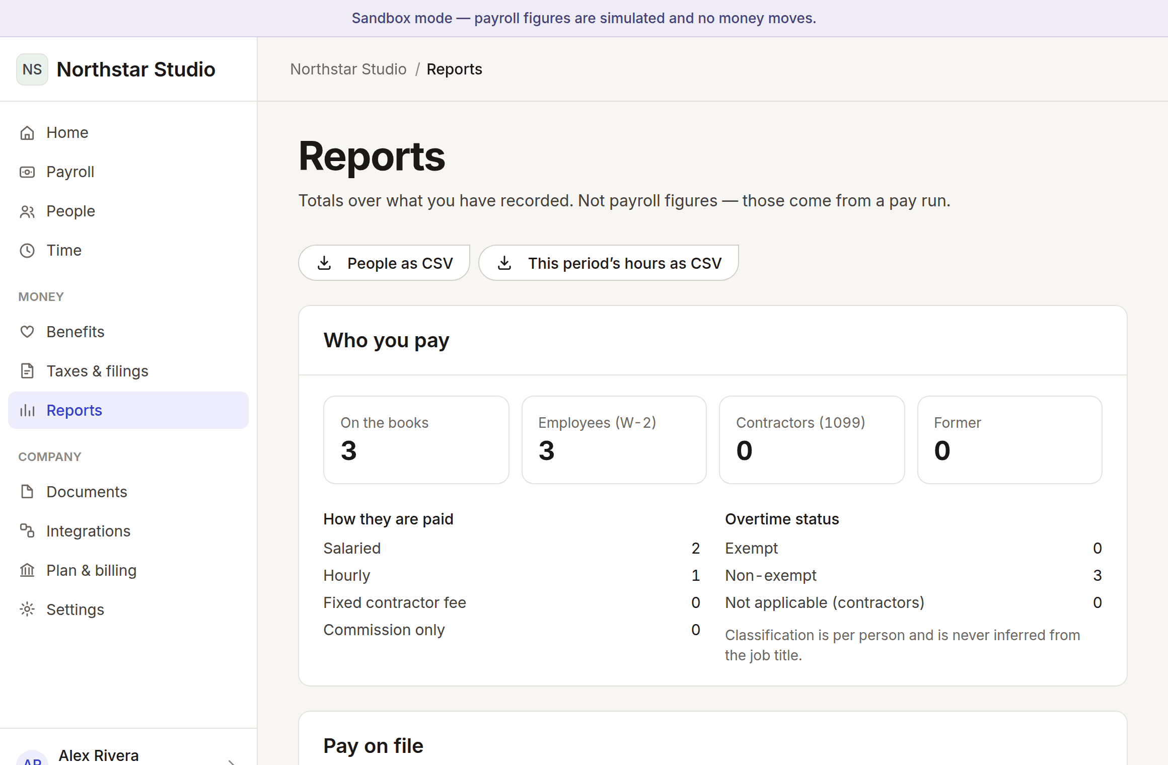 The reports page showing headcount splits and the annualised pay on file.