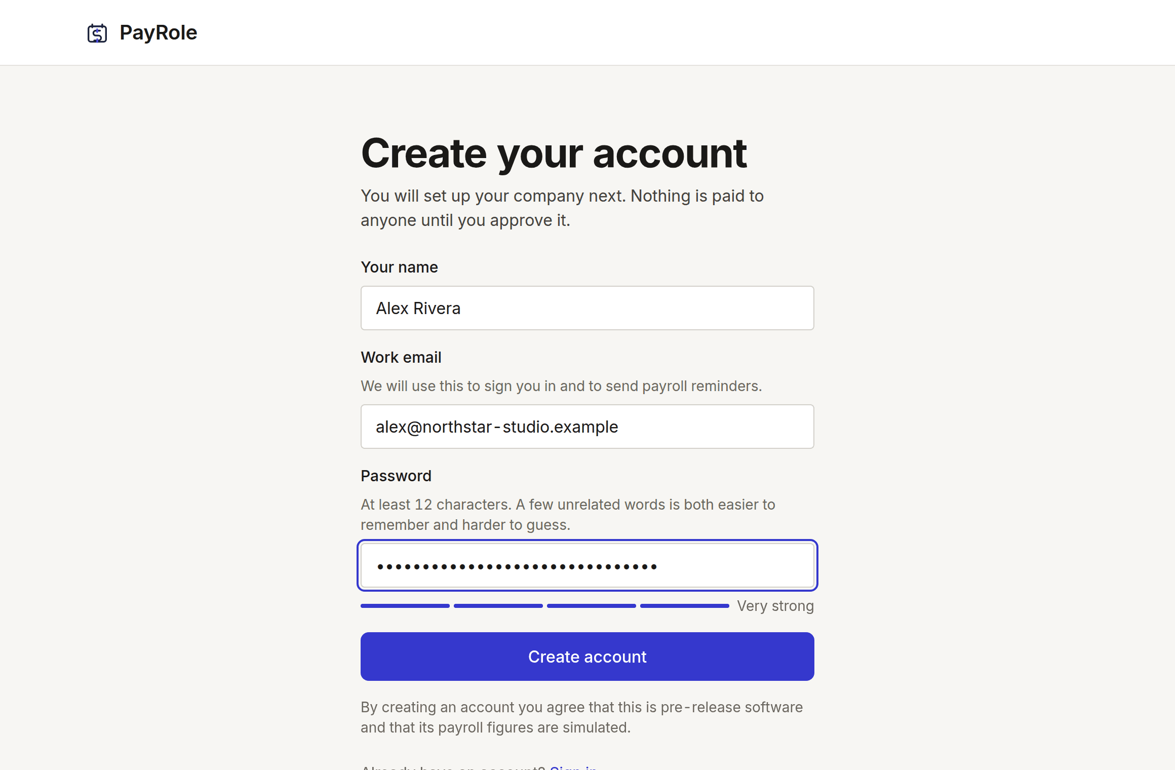 The sign-up form, filled in with a name, a work email address and a password.