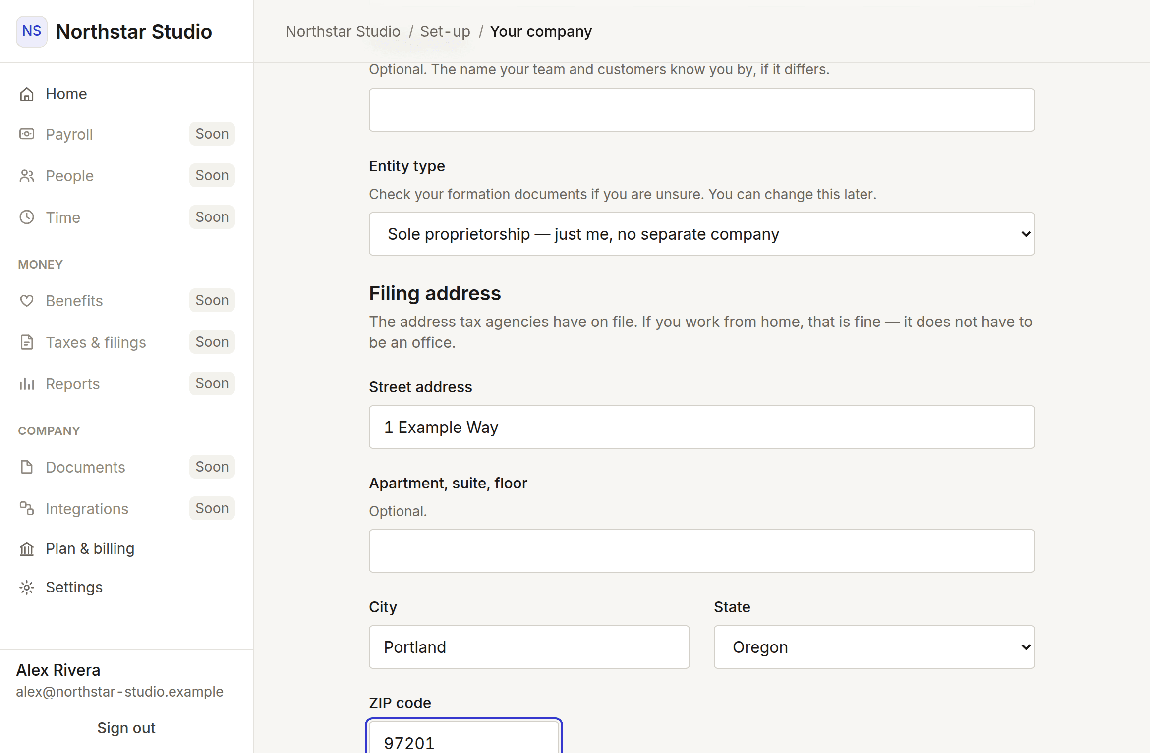 The company step, with a legal name, entity type and registered address filled in.