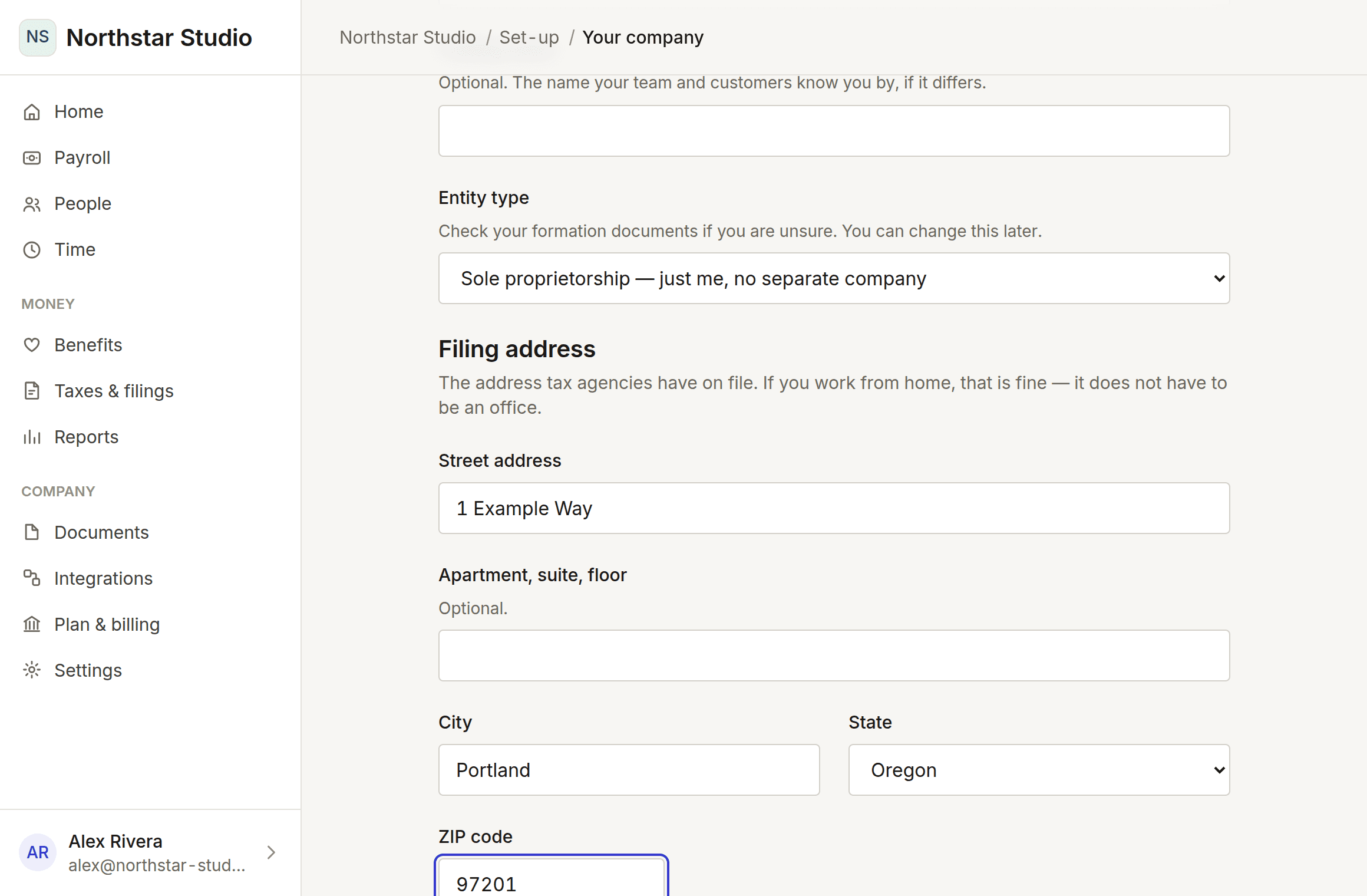 The company details step, filled in with a legal name and address.