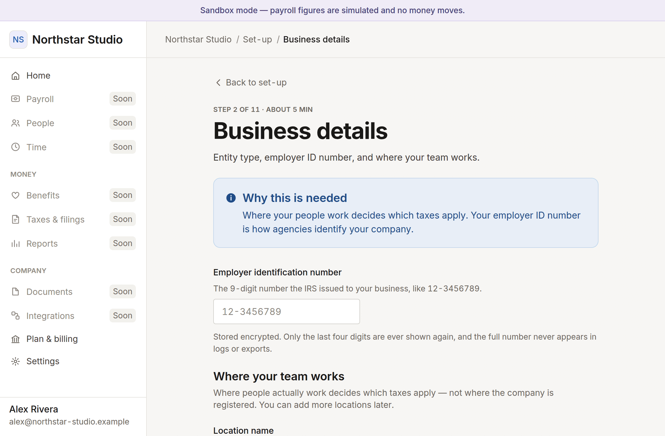 The business details step, asking for tax registration numbers and work locations.
