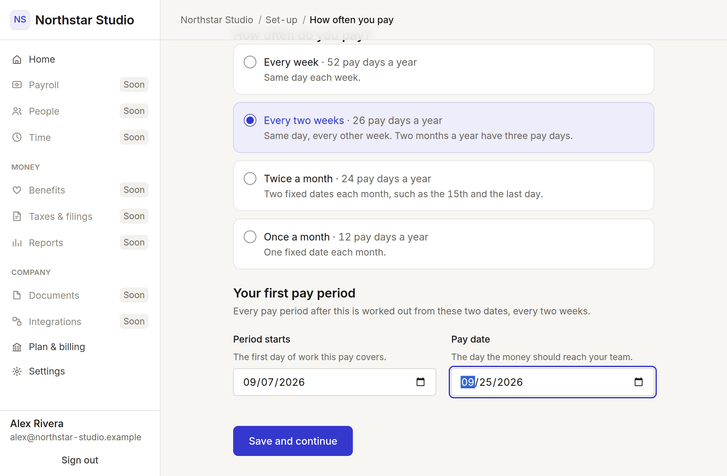 The pay schedule step, with a fortnightly frequency and a first period selected.