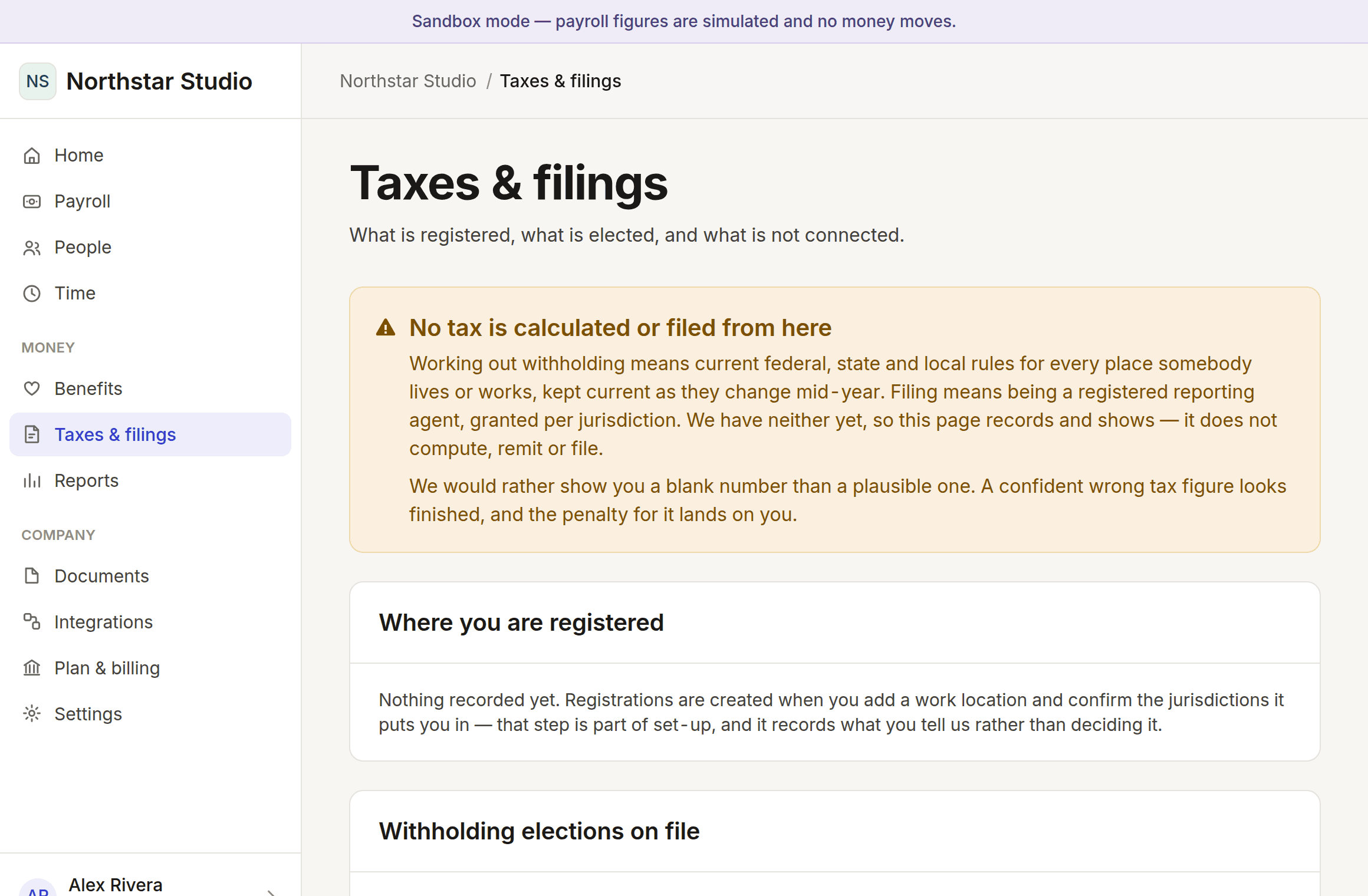 The taxes page, stating that nothing is calculated or filed, above the registrations on file.