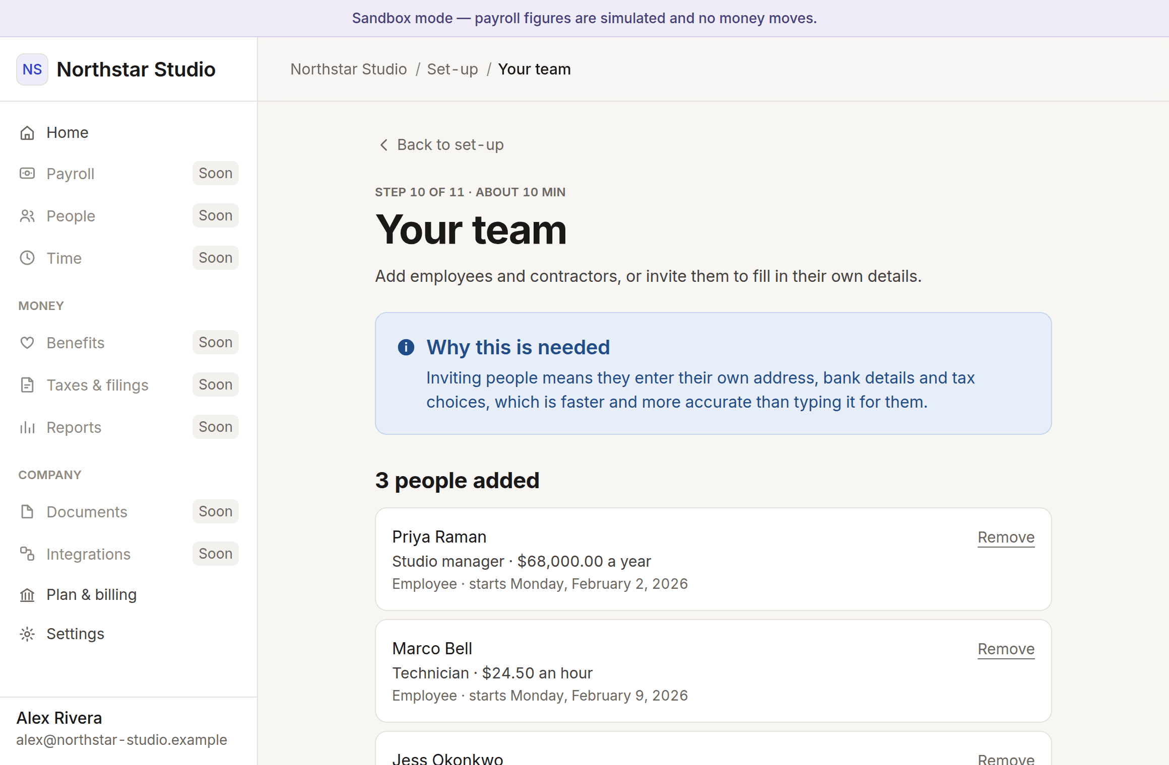 A list of three added workers with their job titles, pay and start dates.