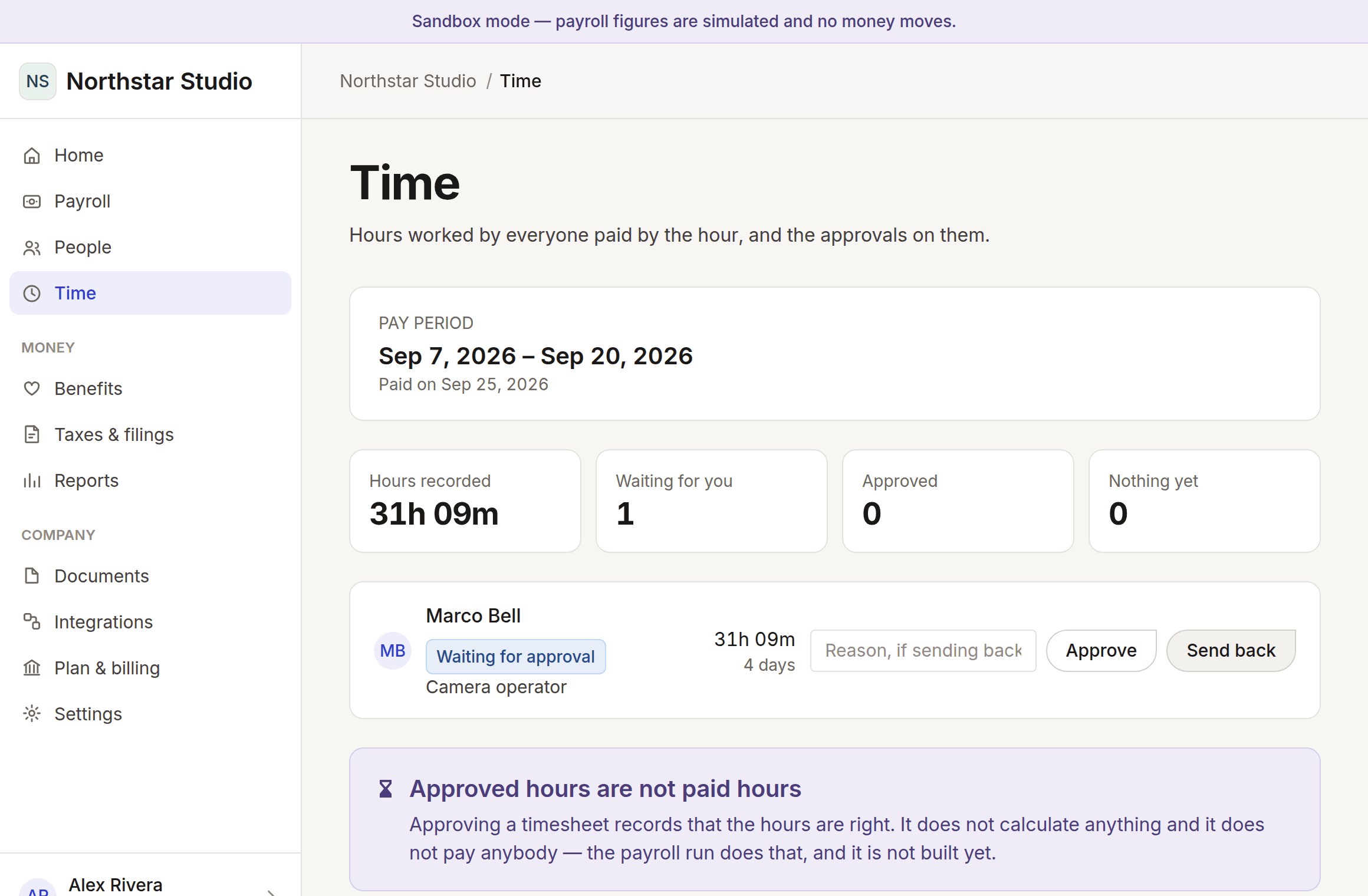 A submitted timesheet showing approve and send-back controls with a reason field.