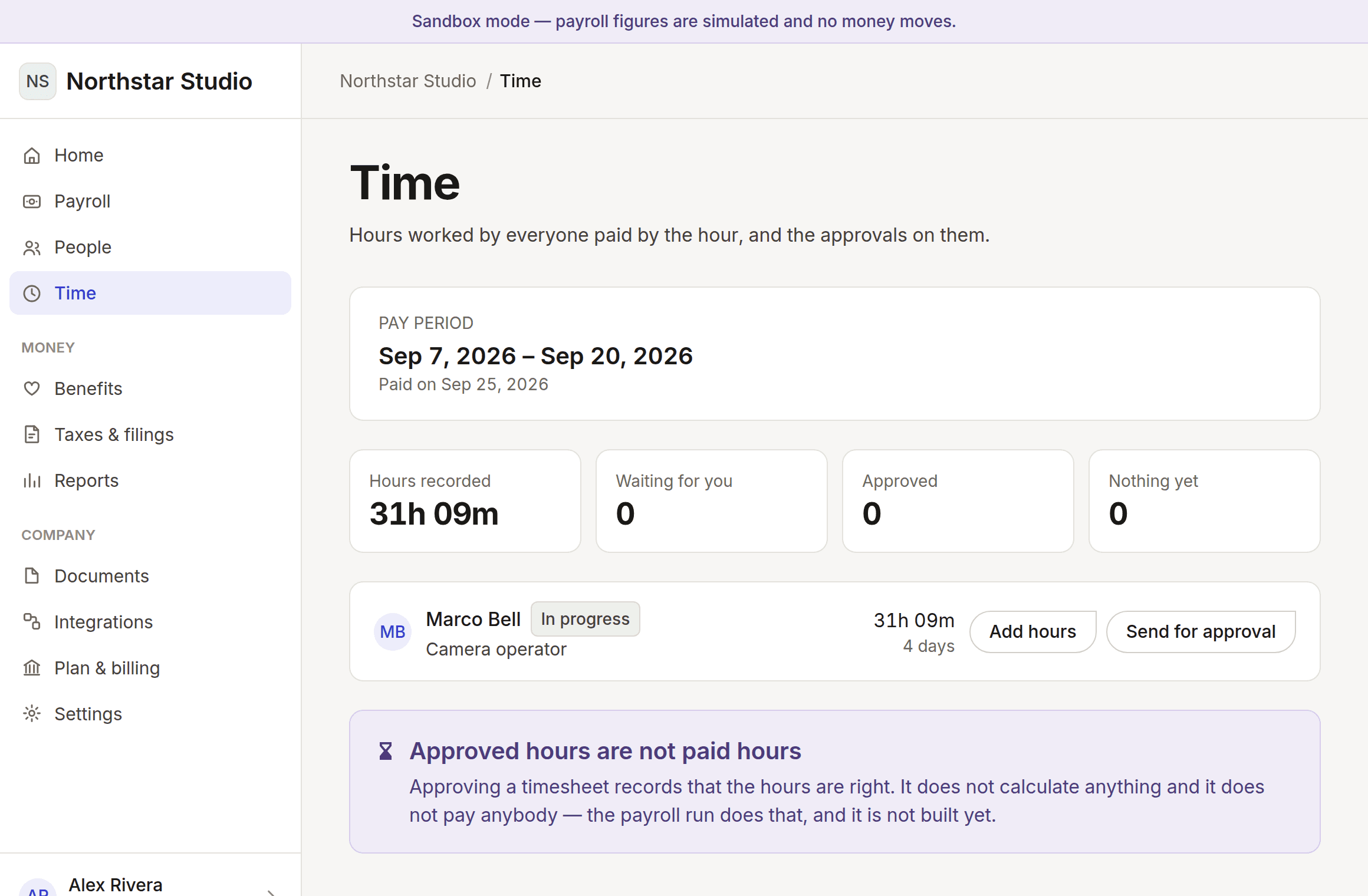 The Time page for a pay period, listing each hourly worker with their hours and status.